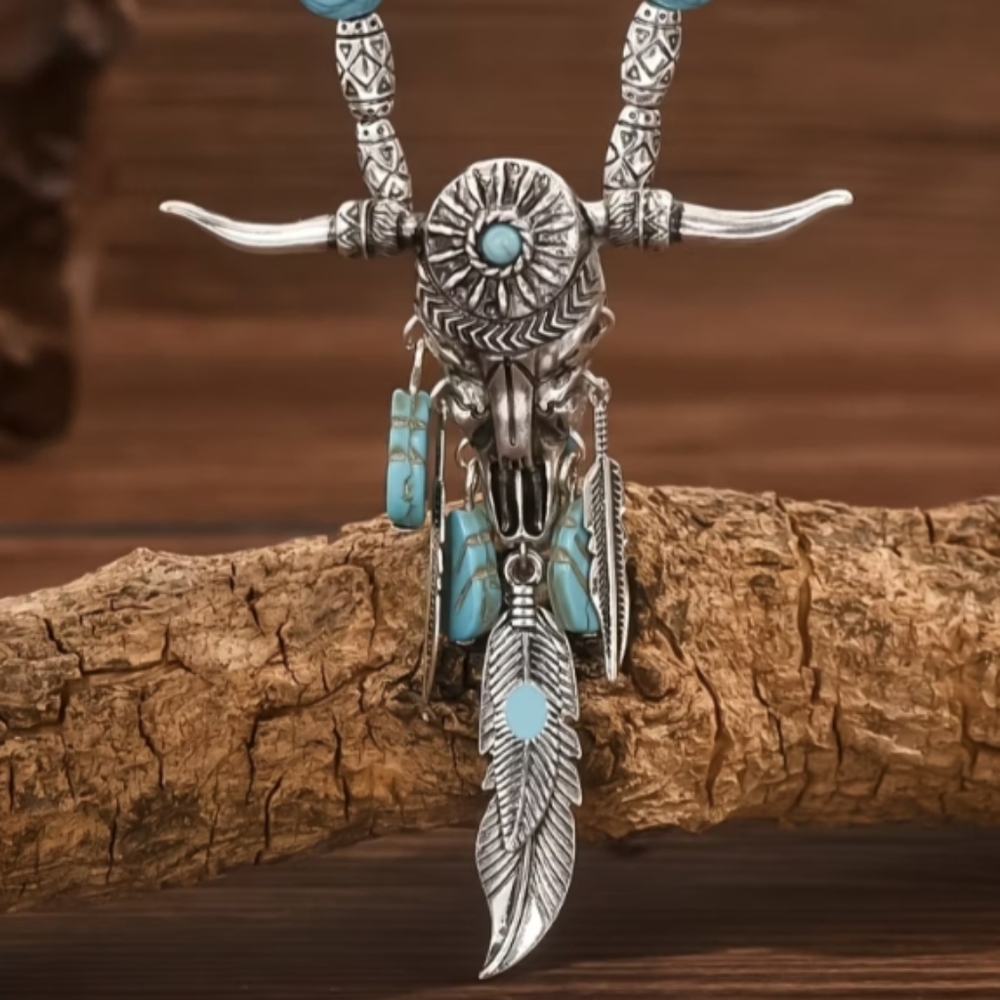 🩵Western Native Turquoise Look-Synthetic Stones Steer & Feathers Necklace NWT - Picture 3 of 12